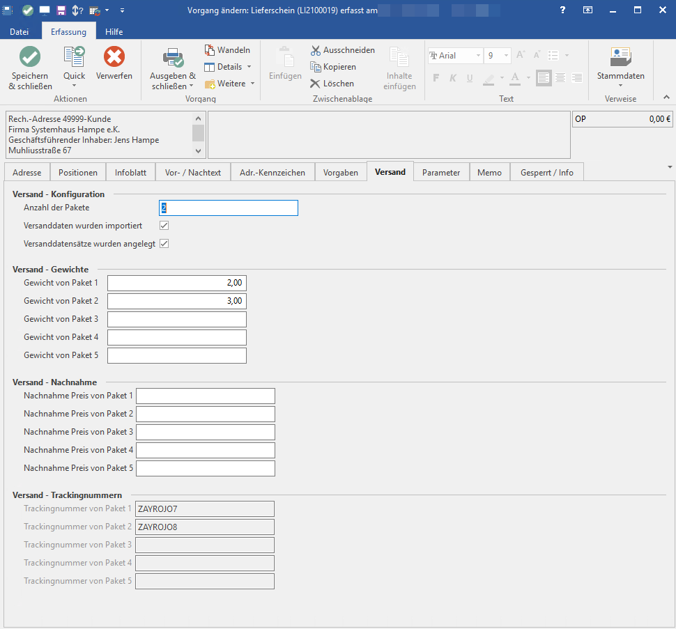 Screenshot der Versand Detail Ansicht in microtech büro+