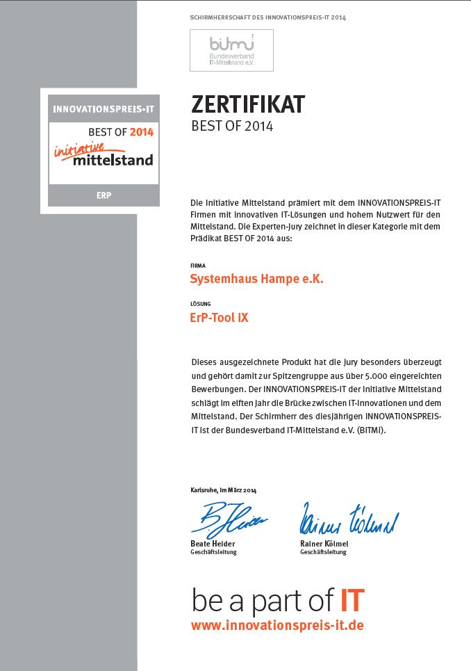 Zertifikat zum Innovationspreis 2014 für das ERP Tool