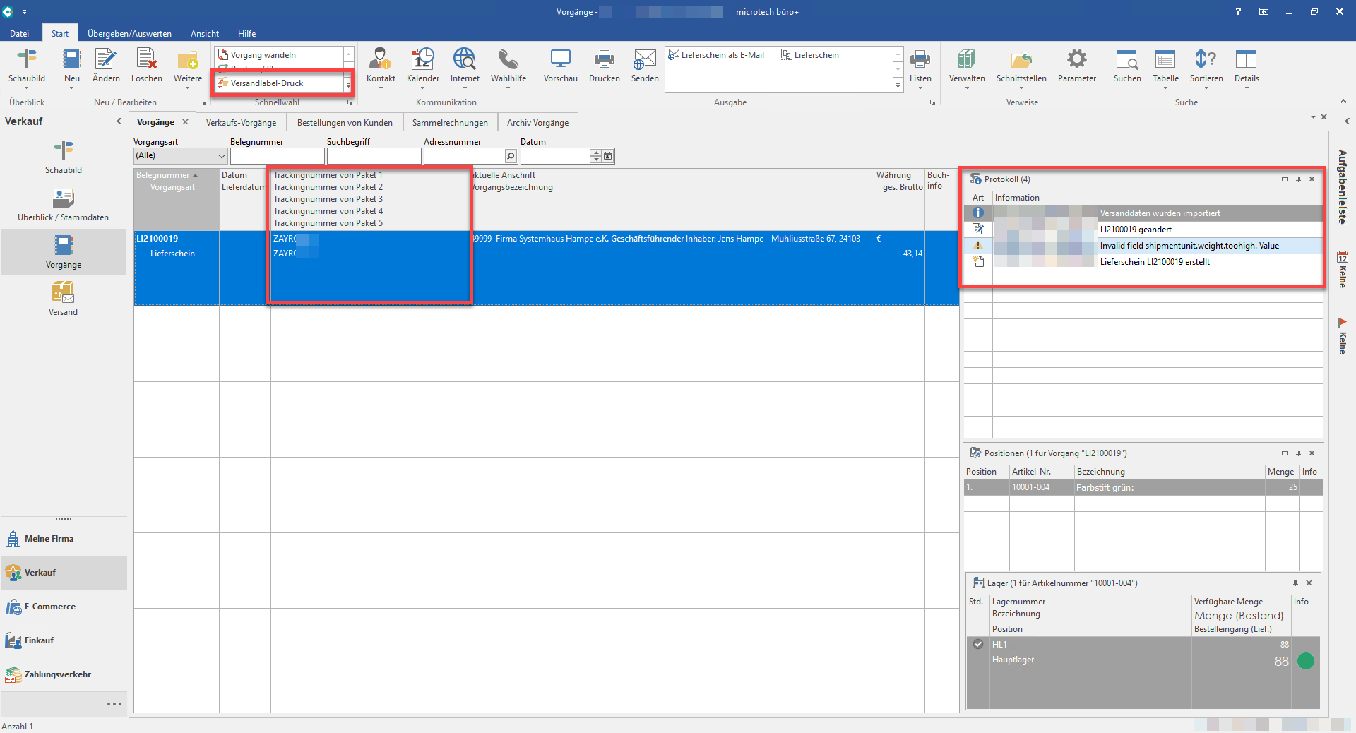 Screenshot microtech büro+ der Übersicht für Sendungen